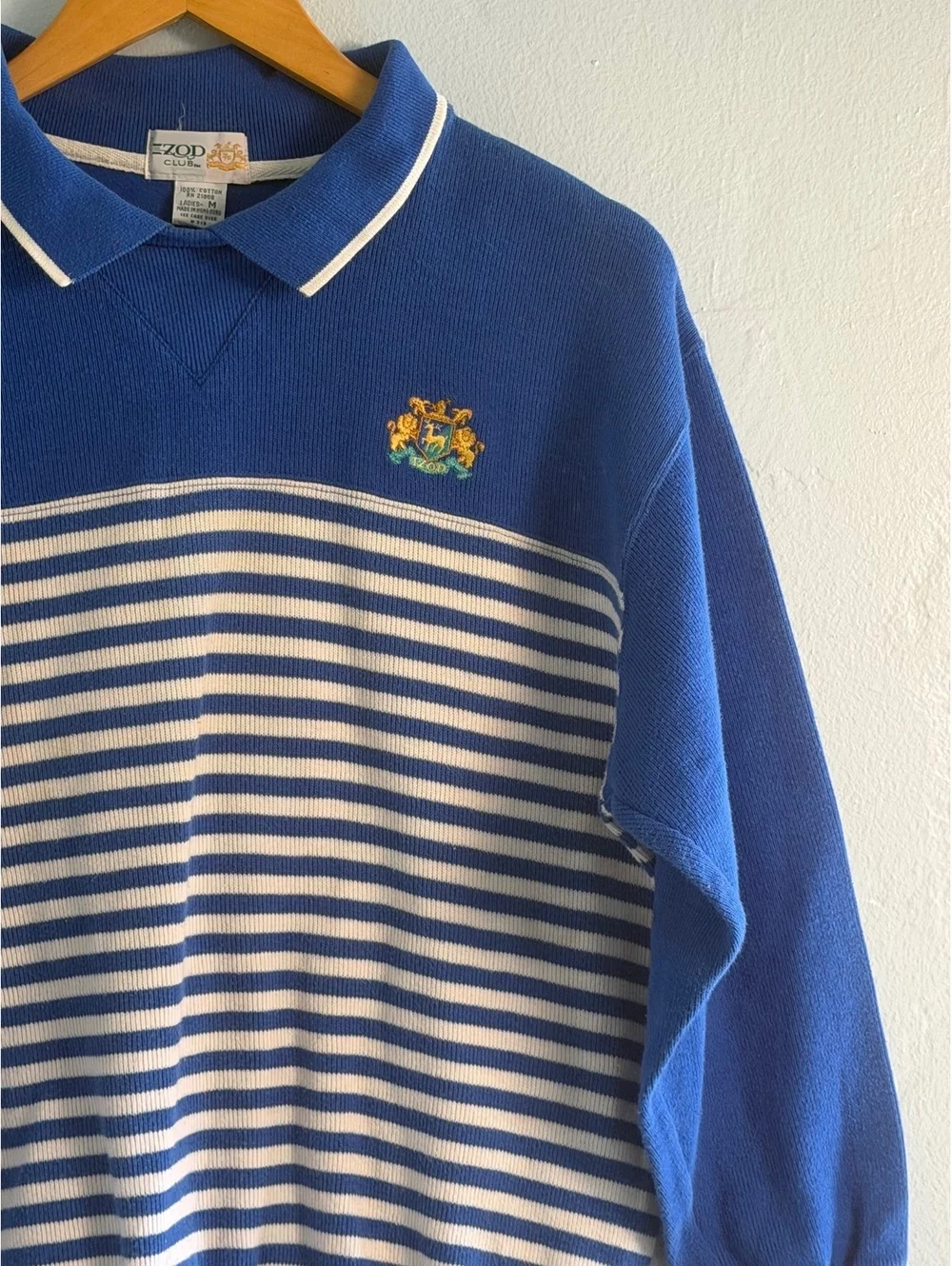 IZOD Club Ladies' Medium Blue and White Striped Cotton Polo Sweater